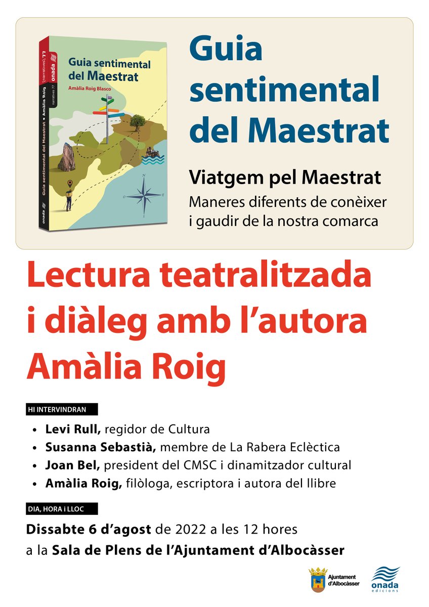 El pròxim dissabte, la gira de presentacions de la "Guia sentimental del Maestrat" de <a href="/aroigblasco/">Amàlia Roig</a> continua a Albocàsser!

A partir de les 12 hores a l'Ajuntament, amb la participació del regidor Levi Rull, Susanna Sebastià de La Rabera Eclèctica i Joan Bel, dinamitzador cultural