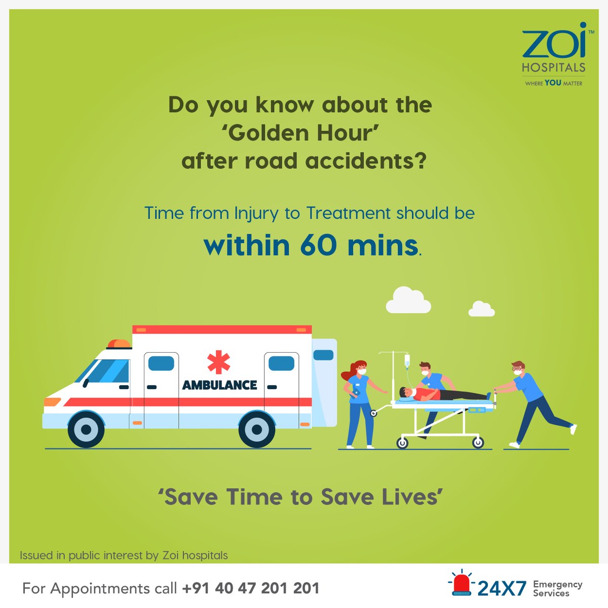 Studies prove there is a higher chance of survival & recovery when the #accident victim is stabilized within 60mins of the incident.
#EmergencyandCriticalCare @ZoiHospitals take the initiative of spreading awareness about #RTA & how quick actions can save lives.  
#Hyderabad #Zoi