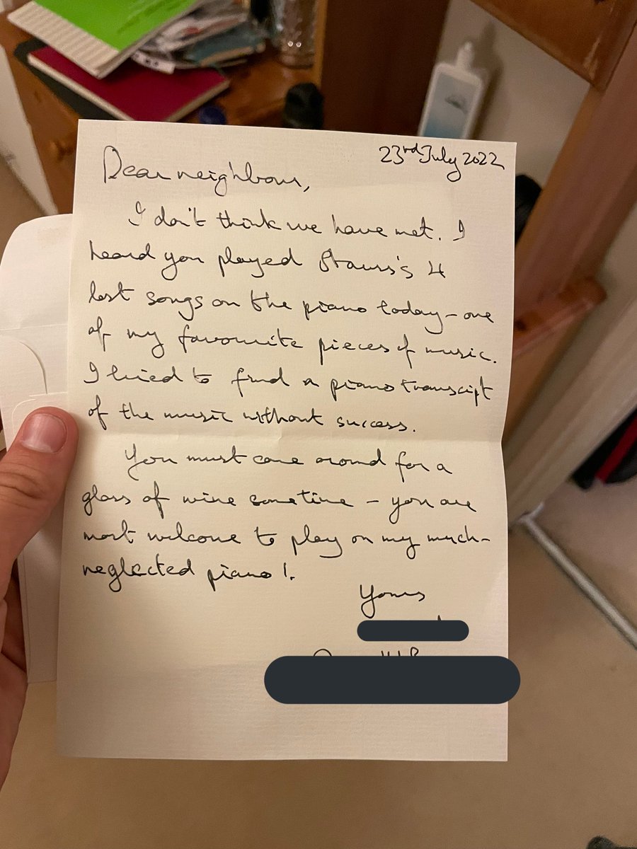 Just moved and got this letter from my new neighbour, not the usual noise complaint! I’ll have to make sure I practice more strauss at home now