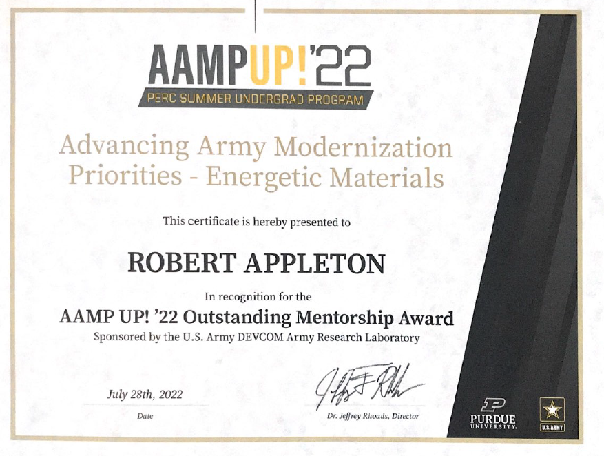Congrats to Robert Appleton on winning the AAMP UP Outstanding Mentorship Award for guiding the undergraduate students doing research with us this summer!