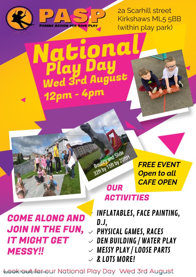 PASPSafeplay's tweet photo. Free event open to all ages @GlenboigDT @thesafetyzoneuk @StTimothysPS @KirkshawsPS @StBernardsPS @ShawheadPS https://t.co/fKcqsRY3nF