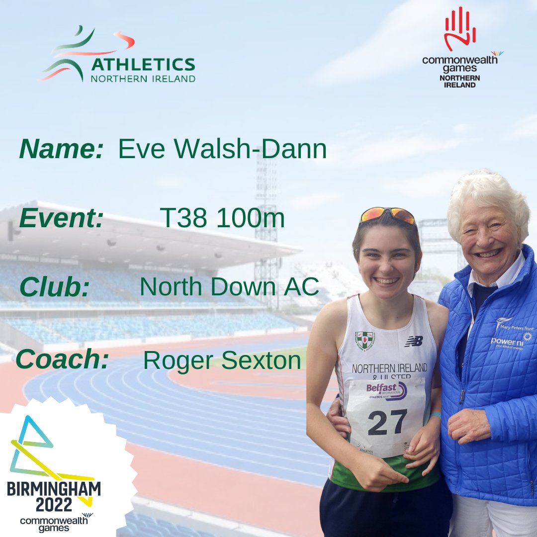 🌟 Birmingham 2022- Meet The Athletes 🌟 Name: Eve Walsh-Dann Follow us on Facebook & Instagram to find out more about each of our #Birmingham2022 athletes. Watch Eve compete in the T38 100m on Tuesday 2nd August at 10:25am. @GoTeamNI @SportNINet