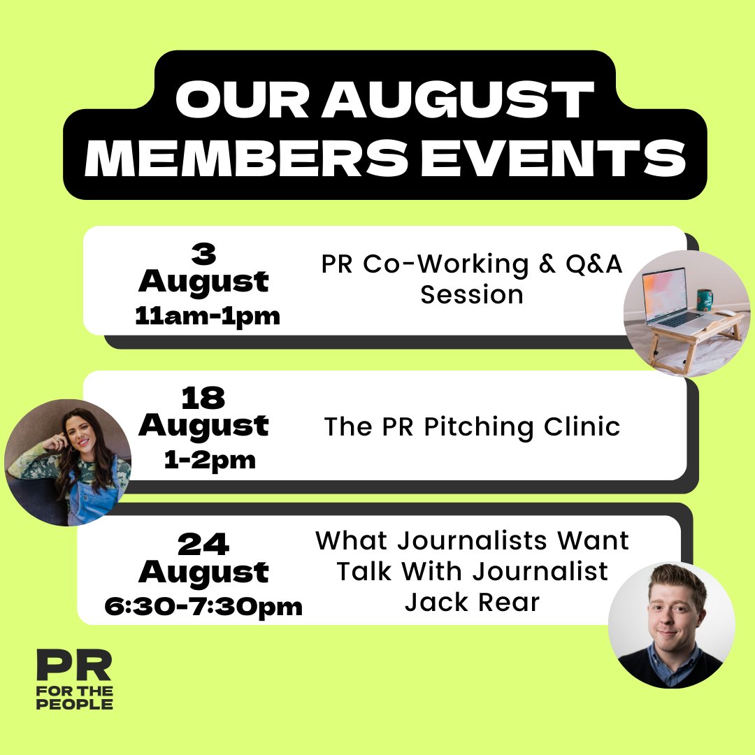 PR_forthePeople's tweet image. We can't wait for this month's amazing events - free for all members 🤩

We're especially excited for our workshop with @jacksayspurple where he'll be telling us exactly what he’s looking for in a story.

Link in bio to sign up to our waitlist #prtips #smallbiztips #diypr
