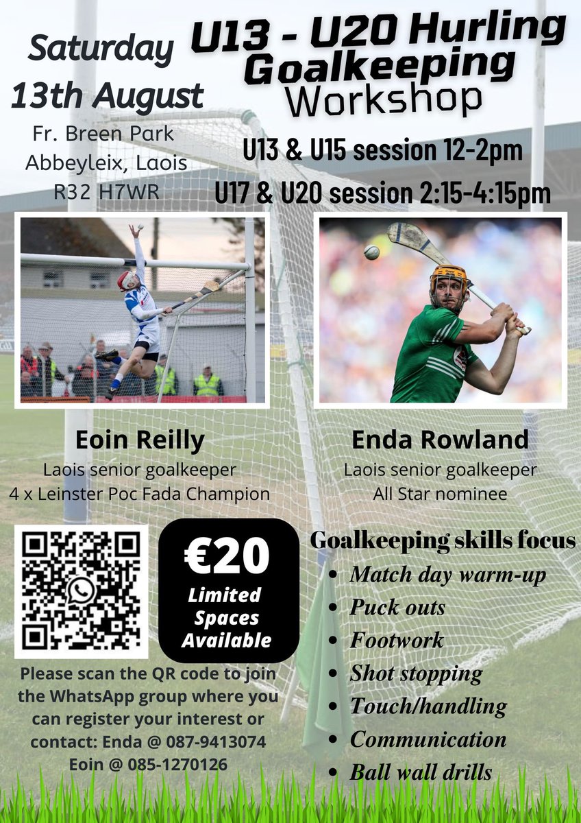 Delighted to be running this goalkeeping workshop with <a href="/TheGreatGander/">Eoin Reilly</a> 
We will be covering all aspects of goalkeeping on the day.
To register / express interest join the group using the code below or PM.

<a href="/CLGLaois/">Laois GAA</a>  <a href="/LaoisToday/">Laois Today</a> <a href="/fungforlife/">Abbeyleix gaa</a> <a href="/gaaleinster/">Leinster GAA</a>