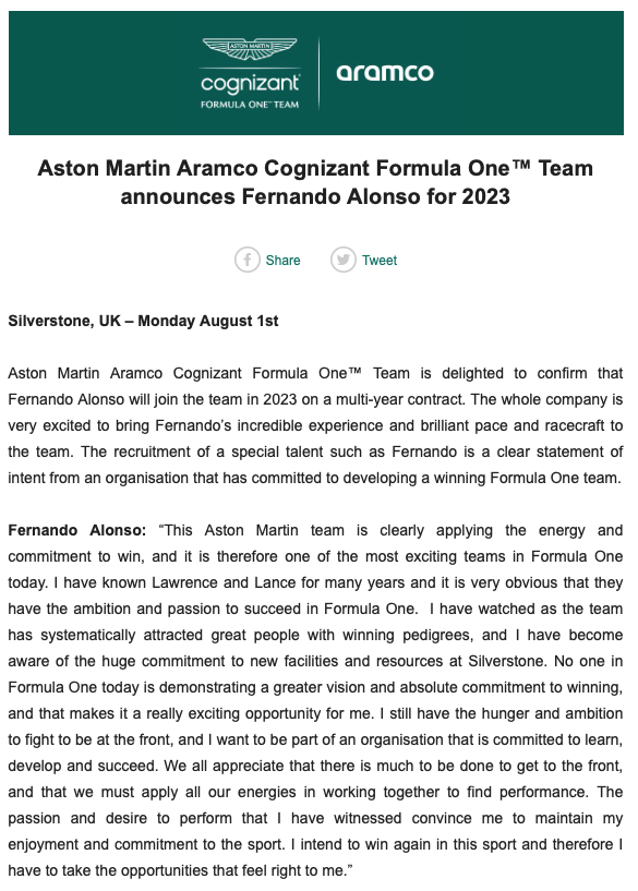 No entiendo nada, en 2 años hemos pasado de "sólo volvería a la F1 con un coche ganador", a fichar por el penúltimo equipo de la parrilla. Va a tener que venir el estratega de Ferrari a explicarme esto.