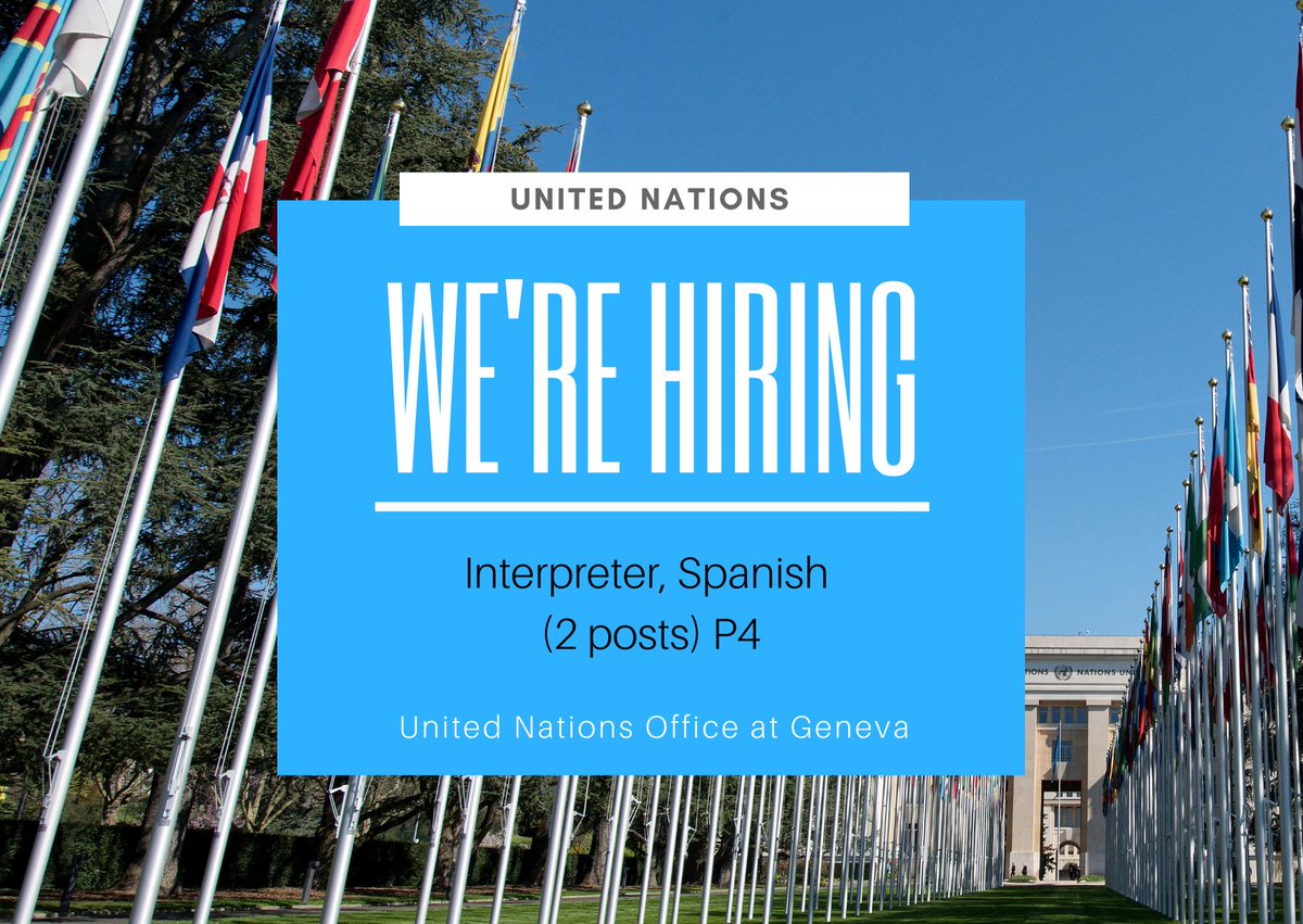 UNDGACM_EN's tweet image. 🔔 @UNGeneva is hiring 2⃣ Interpreters (Spanish), P4❗️
Candidates must have:
✅ Passed the relevant @UN examination
✅ #Spanish (main) ➕ #English ➕ #French
✅ 5 years' experience
For all details ➡ bit.ly/3bzPAWo
🗓️ Apply by 10 August 2022
