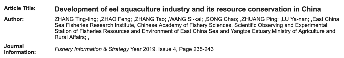 Can you PLEASE HELP to get a copy of: ZHANG Ting-ting; ZHAO Feng; ZHANG Tao; WANG Si-kai; SONG Chao; ZHUANG Ping; LU Ya-nan (2019) Development of eel aquaculture industry and its resource conservation in China. Fishery Information &amp; Strategy. Issue 4, Page 235-243 (in Chinese)?