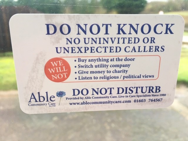 Today is August 1st and already today 1077 of our free, Do Not Knock door stickers have been requested. If you would like to receive one or more, pleas email to: info@ablecommunitycare.com