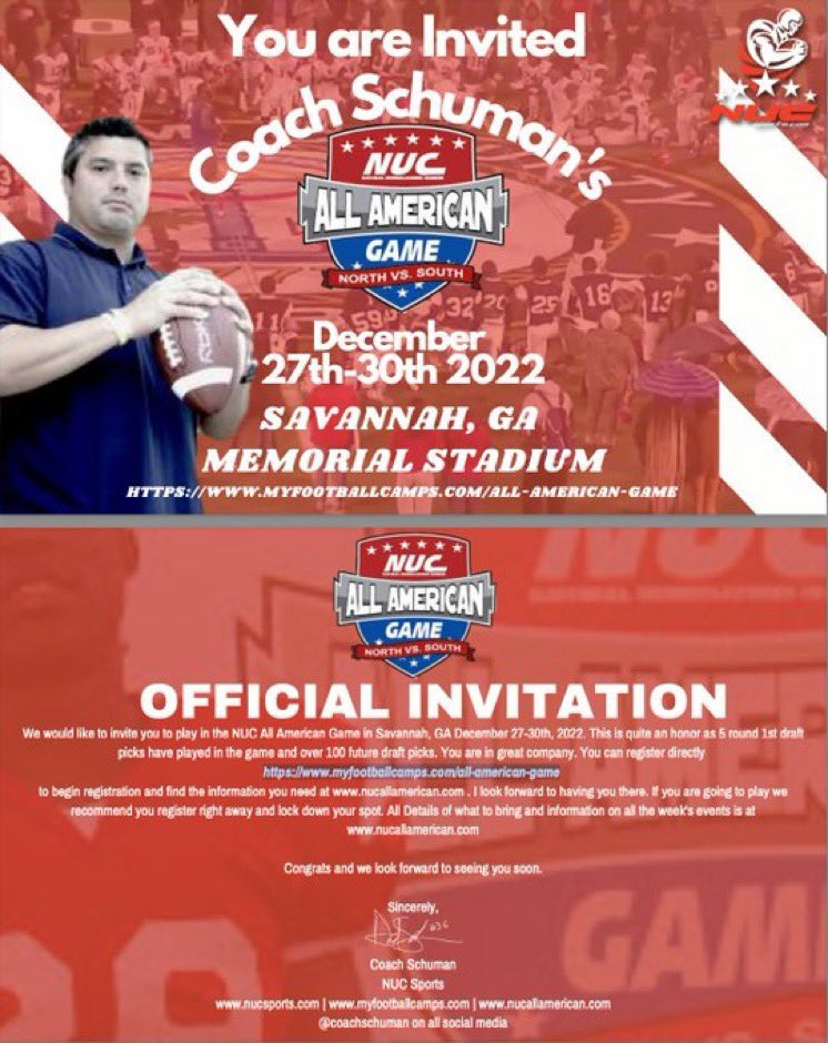 <a href="/Joshvinson11/">Joshua vinson</a> We would like to invite you to play in the NUC All American Game in Savannah, GA December 27-30th, 2022. You have 48 hours to lock in your spot and register,  myfootballcamps.com/all-american-g…  
here's the link to begin registration at nucallamerican.com