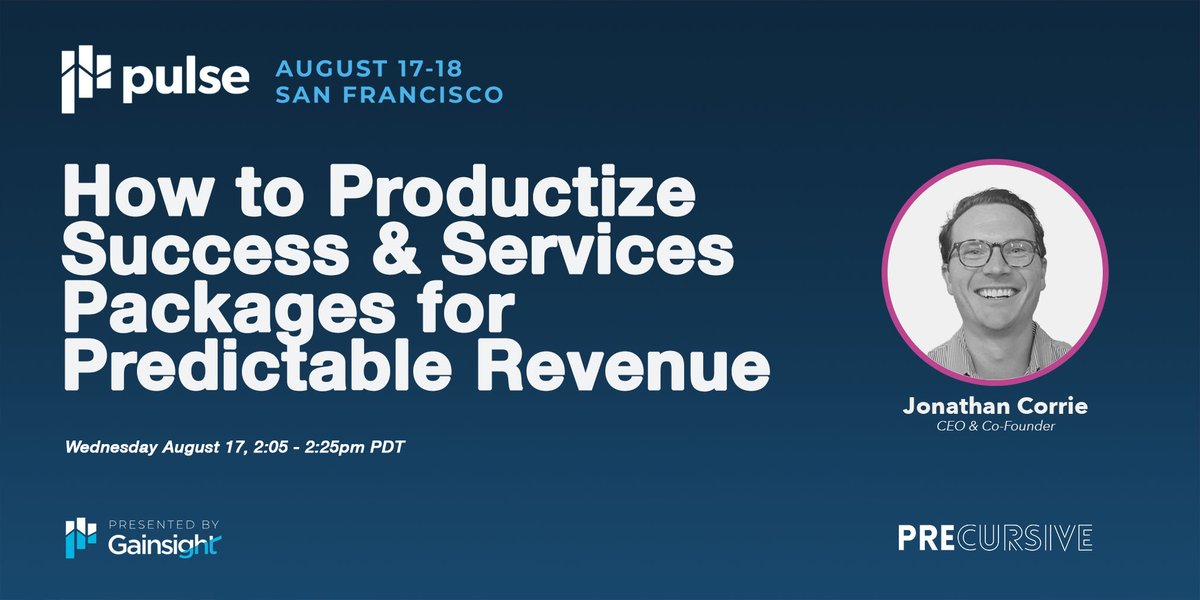 Our CEO Jonathan Corrie will be speaking at @GainsightHQs #Pulse2022 on 'How to Productize Success &amp; Services Packaged for Predictable Revenue' on Wed Aug 17th

Use code PRECURSIVE20 to get 20% off: gainsightpulse.com/gs-pulse-agend…
#professionalservices #customersuccess #servicesdelivery