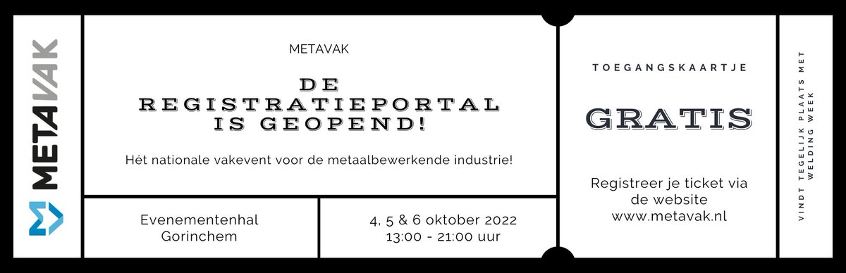 𝐉𝐞 𝐤𝐮𝐧𝐭 𝐣𝐞 𝐍𝐔 𝐫𝐞𝐠𝐢𝐬𝐭𝐫𝐞𝐫𝐞𝐧 𝐯𝐨𝐨𝐫 𝐌𝐄𝐓𝐀𝐕𝐀𝐊! Je kunt je nu registreren voor het vakevent van de metaalbewerkende industrie. Wees er snel bij en 𝐫𝐞𝐠𝐢𝐬𝐭𝐫𝐞𝐞𝐫 𝐚𝐥𝐯𝐚𝐬𝐭 𝐣𝐞 𝐭𝐢𝐜𝐤𝐞𝐭: bit.ly/3zmE2xT
#METAVAK #metaalbewerkening