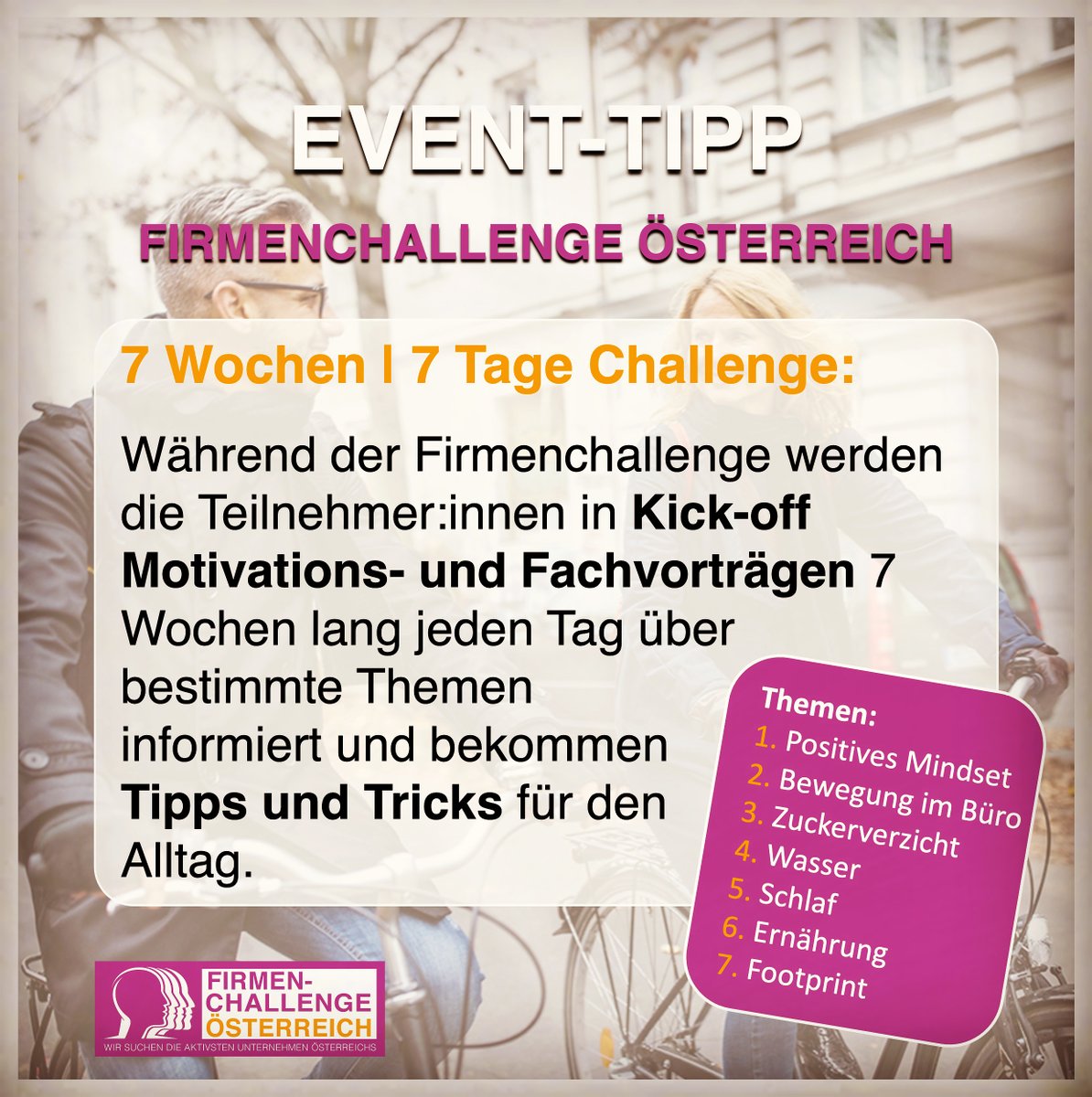 SPORTS_Select's tweet image. 50 Tage – 7 Wochen – 7 Challenges

Dieses Jahr stellen wir uns bei der Firmenchallenge Österreich 2022 neuen Herausforderungen. Gemeinsam mit unseren Botschafter:innen begleiten wir dich bei 7 verschiedenen Challenges. 
Weitere Infos findest du hier:

firmenchallenge-oesterreich.at/benefits/siebe…