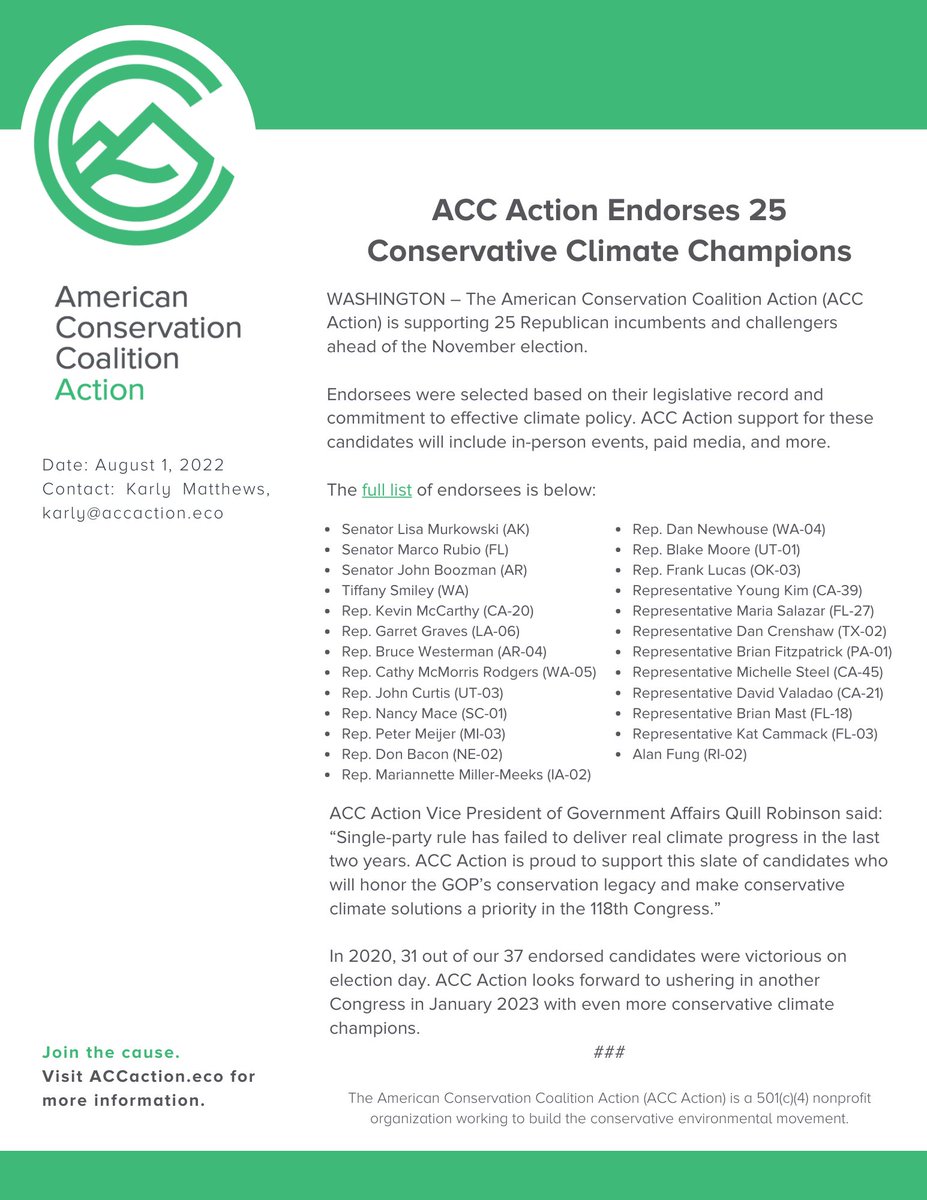 PRESS RELEASE: ACC Action Endorses 25 Conservative Climate Champions 

See our full list of endorsements: accaction.eco/endorsed