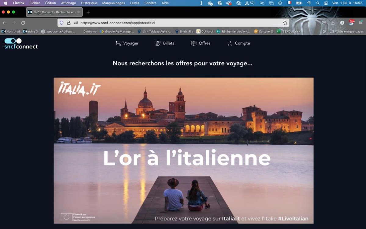 ENIT_italia's tweet photo. 1,5 milioni di impression per la campagna di ENIT Parigi sul sito e l'app di OUI SNCF, la società di gestione delle prenotazioni della compagnia ferroviaria nazionale francese. https://t.co/S98KErhM84