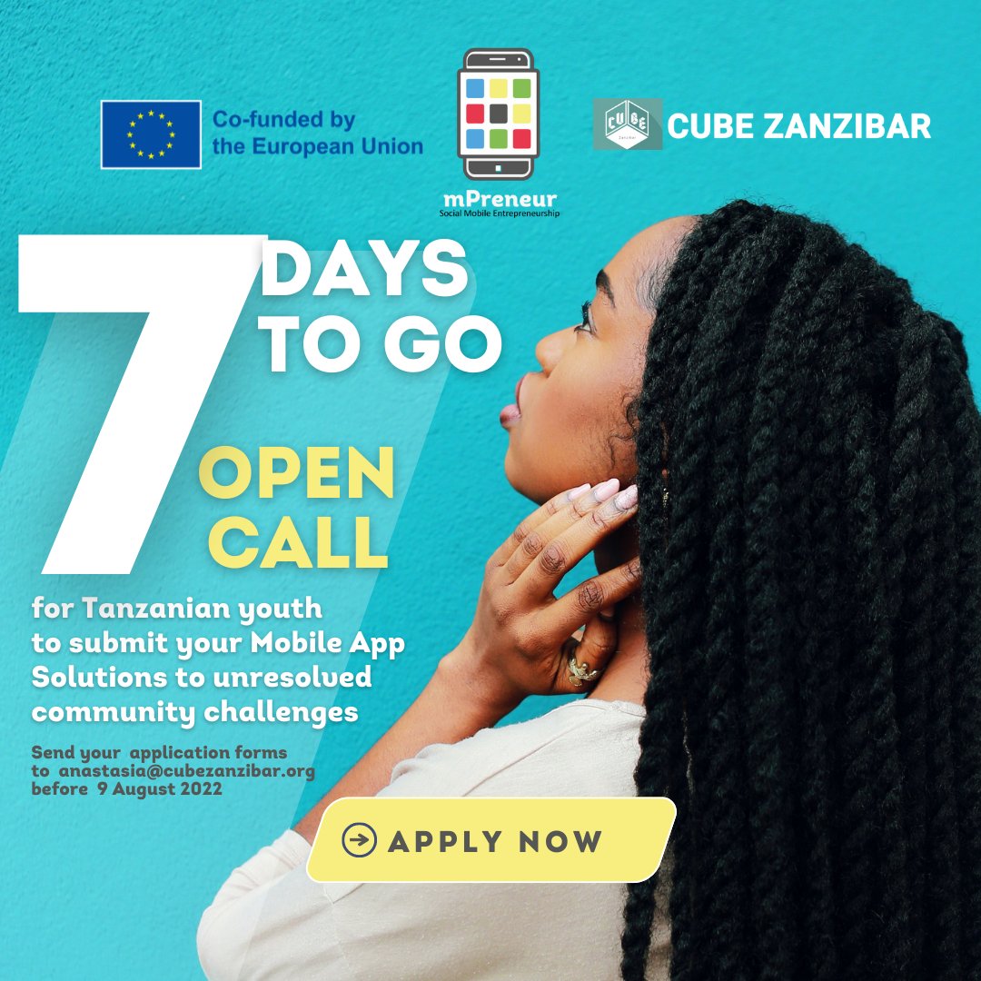 CubeZanzibar's tweet photo. It`s only 7 days left for you to submit mobile application
ideas in #Tanzania 🇹🇿to get a chance to travel and compete in #Austria 🇦🇹 at@worldsummitawards 🏆
Read more now> https://t.co/VB88m64gDU
#mpreneur #socialmobileapp #sustainablefuture #socialimpact #youngentrepreneurs https://t.co/64LG3fnVcI