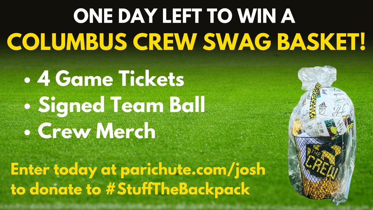 josh3williams's tweet photo. You’ve got one more day to donate to my project on @parichuteapp to support @UWCO and @nbc4i’s #StuffTheBackpack! Ends 8/1 at midnight EST! Donate for a chance to win 4 game tickets, @columbuscrew merch, and a signed team ball here: https://t.co/hyG50dnrVx https://t.co/HphwtPjayp