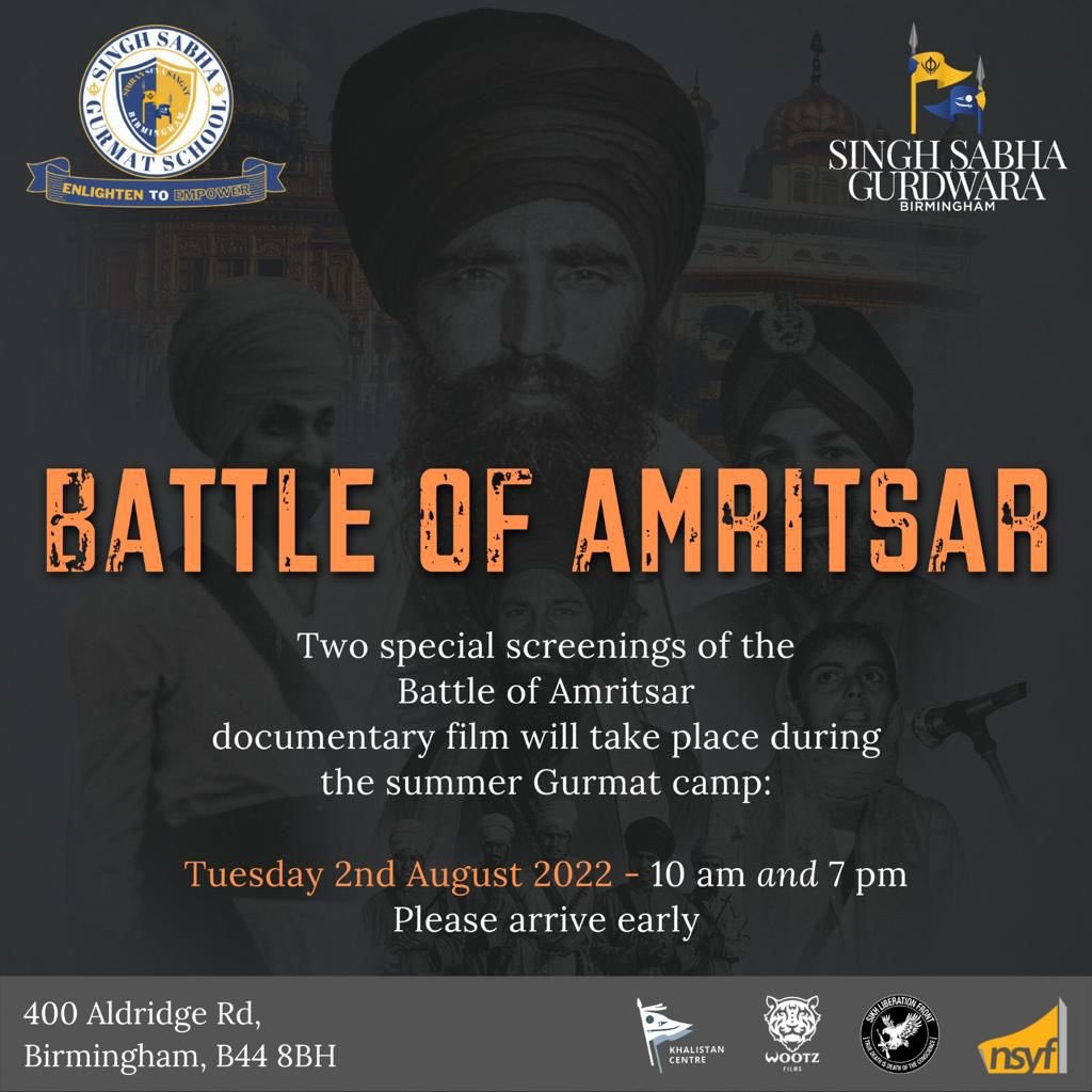 JungHindPunjab's tweet photo. Tomorrow we have a special screening of #BattleofAmritsar at Singh Sabha Bham summer gurmat camp!

#NeverForget84 #Khalistan #Sikh #Sikhi #Khalsa #KhalsaRaj #Bhindrawale https://t.co/kmuKmpxN9O