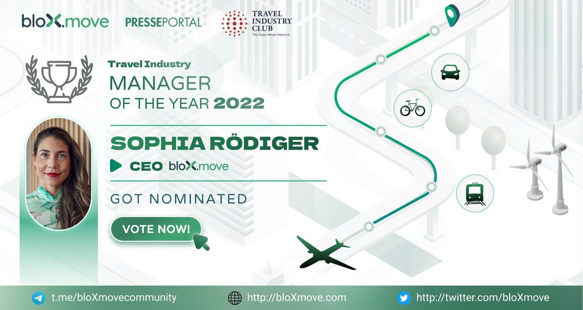 Happy Monday! We got some great news to start the week: bloXmove and our CEO <a href="/SophiaRoediger/">Sophia Roediger</a>  got nominated for the Travel Industry Manager Award 2022 🎉

Vote here if you see bloXmove as the winner for innovative travel surveymonkey.de/r/63NTKVJ