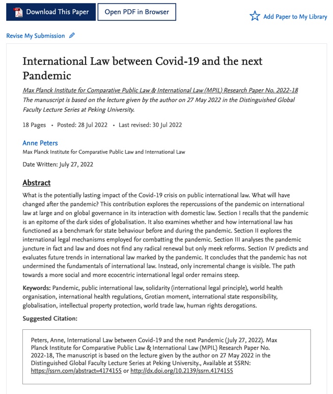 MPILheidelberg's tweet photo. In #MPIL Research Paper No.2022-18 @AnnePetersMPIL   inspects the impact of #Covid_19 pandemic on public international law. Neither has it undermined the international legal order nor has it brought necessary social and ecocentric change.
👉https://t.co/thavkEI3K2 https://t.co/8HbWRgEUOE