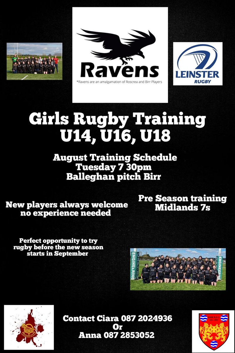 Roscreagirls's tweet photo. Girls Rugby Training continues Tuesday night 7 30pm
New players always welcome, come join our every growing girls teams know as the Ravens
#leinsterrugby #roscrearfc #birrrfc #MidlandsRugby https://t.co/LVIK79AxC7
