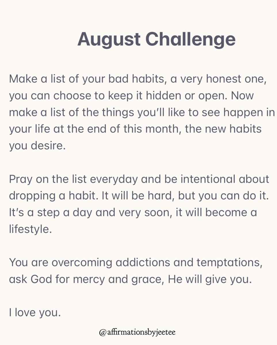 AffirmbyJeetee's tweet photo. Happy new month Royals, this month, we are overcoming addictions and kicking them out for good! Have a lovely August❤️
#newmonth #overcomingaddictions #August https://t.co/vM2zJUFtQn