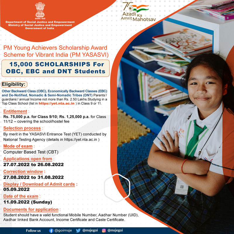 MSJEGOI's tweet photo. #PMYASASVI scheme of the Ministry is offering 15,000 scholarships ranging from Rs 75,000 to Rs.1,25,000 per year for class 9-12 meritorious OBC/DNT/EBC students. Apply today! One more step of Govt for affordable education to all 
@PMOIndia @narendramodi @Drvirendrakum13 https://t.co/HQot78dYA1