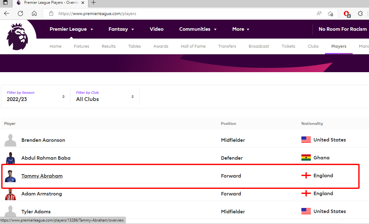 Confusing: Tammy Abraham on premierleague.com/players 2022/2023
<a href="/ChelseaFC/">Chelsea FC</a> <a href="/premierleague/">Premier League</a> #CFC