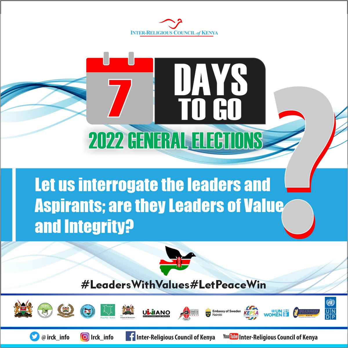 irck_info's tweet photo. .@irck_info COUNTDOWN to the 2022 General Elections: 

#HappyNewMonth with only 7 days to go to the General Elections let us interrogate the aspirants, are they leaders of value and integrity?

#LeadersWithValues #LetPeaceWin https://t.co/wyPDRSFeAk