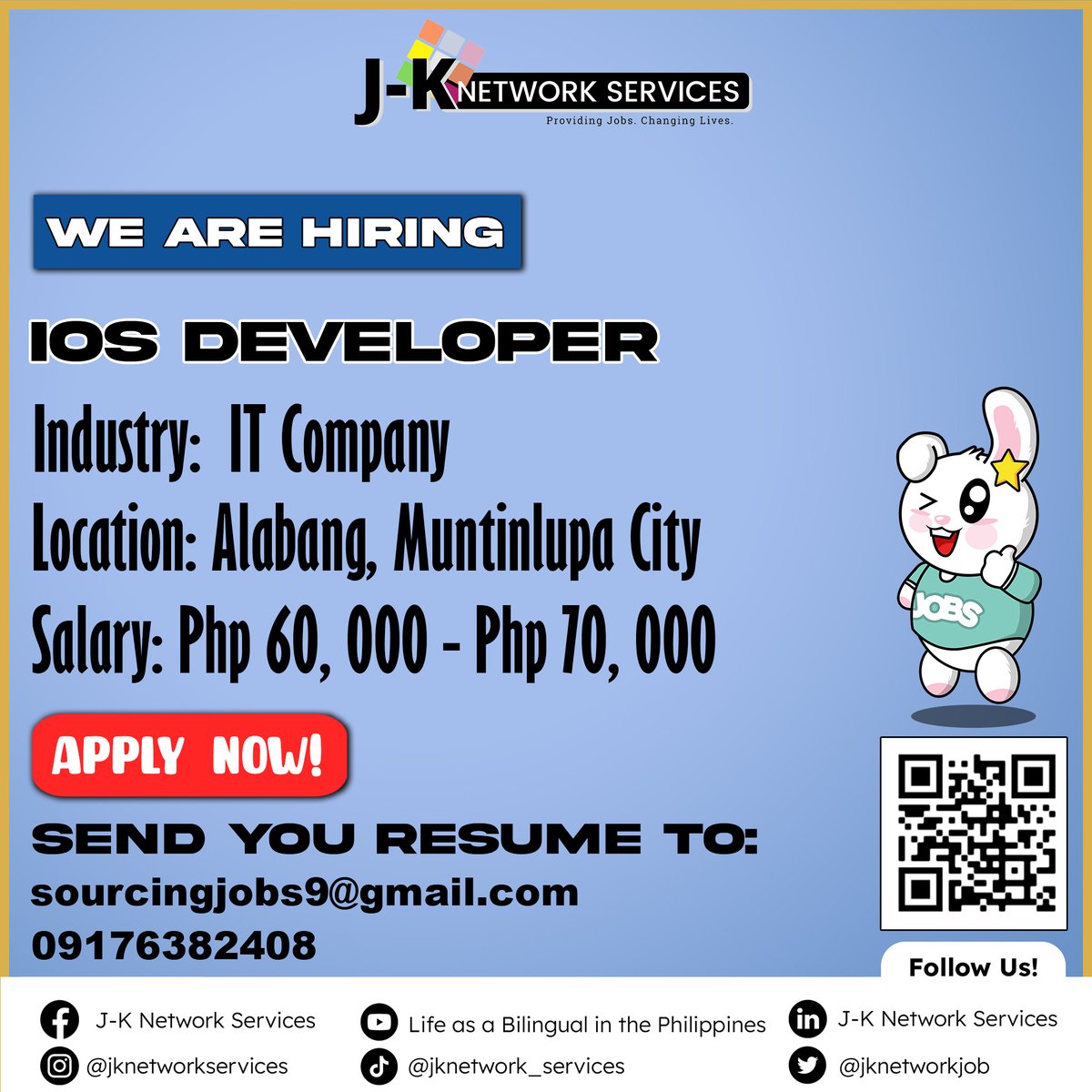 jknetworkjob's tweet photo. Industry: IT Company
Location: Alabang, Muntinlupa City
Salary: Php 60, 000 - Php 70, 000
Visit our website for more current Job openings.
https://t.co/JA94FTfJ7e
STAY SAFE!
#JKNetworkJobs #YourTrustedMultilingualProvider https://t.co/O1QhyOY9Kh