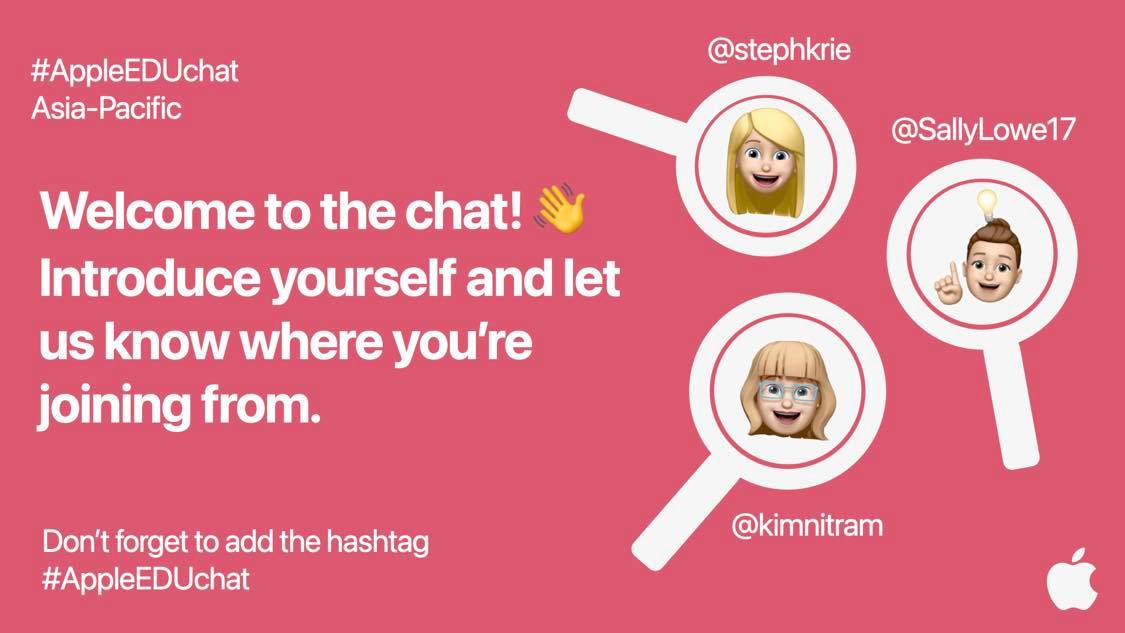 Hey everyone <a href="/SallyLowe17/">Sally Lowe</a> &amp; <a href="/stephkrie/">Stephanie Kriewaldt</a> and I are super excited welcome you all to the #AppleEDUChat - let’s begin by telling us who you are and where you are from?