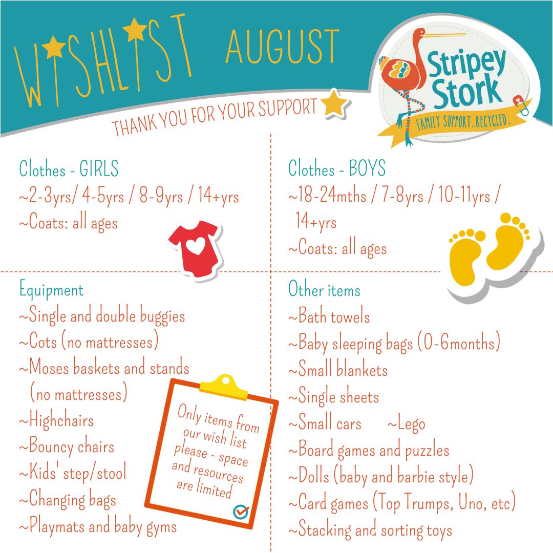 Our August wish list is here, along with details of our four donation days. Please visit our website to familiarise yourself with how best to prepare items for gifting to us.
stripeystork.org.uk/wishlist/ Thank you 😍

#donatetostripeystork #donatetocharity #donatetocharitysurrey