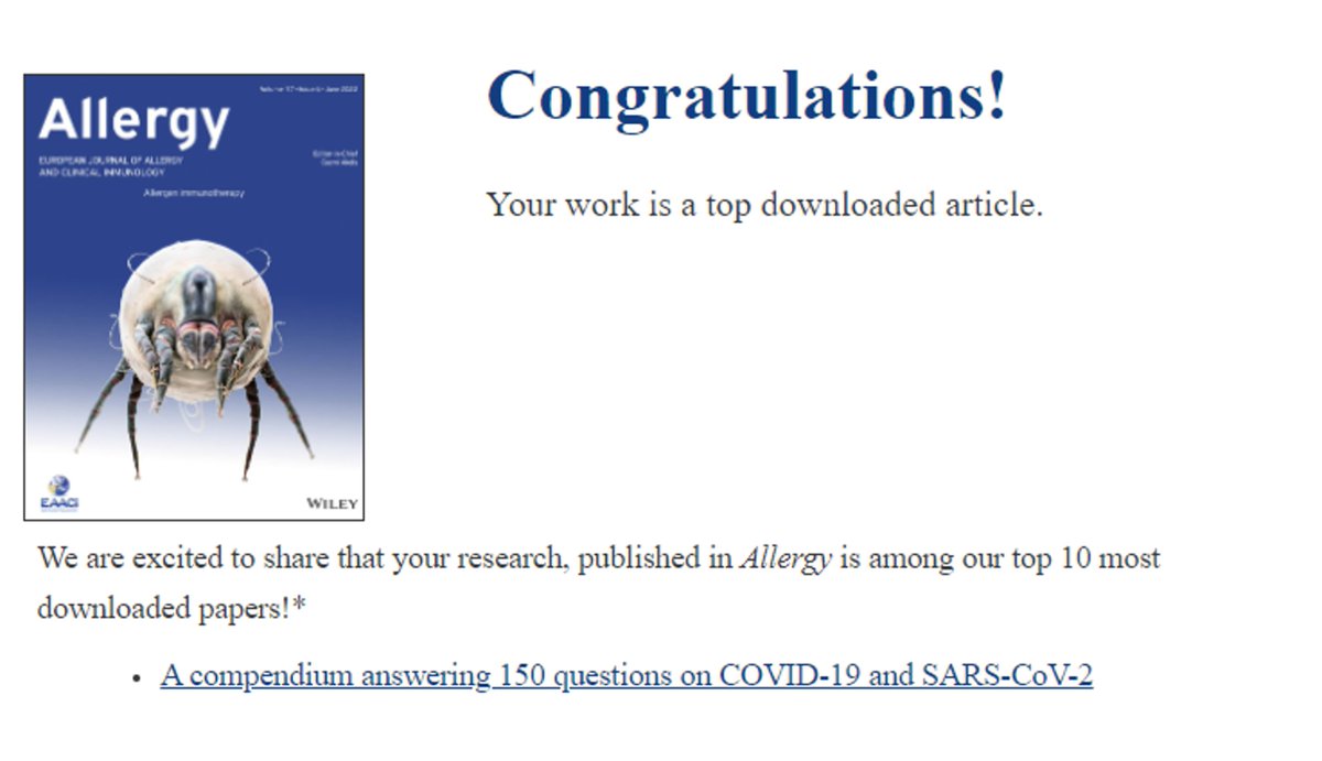 The COVID19 compendium is on the Top10 most downloaded articles of Wiley Publications. This is a great achievement for our Board and a successful scientific collaboration between juniors and seniors #Allergy_Journal @AllergyEaaci #WileyPublications #TopDownloadedArticle