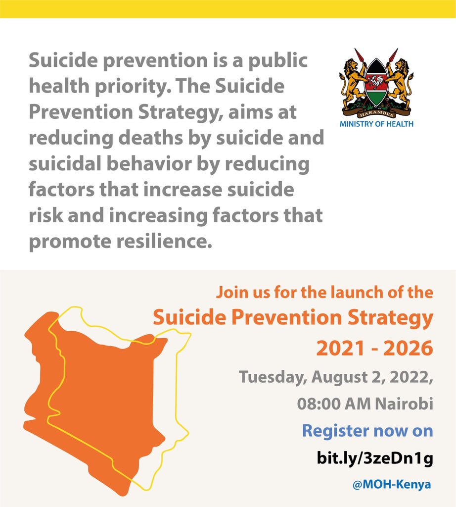 Suicide is the fourth leading cause of death among 15-29 years old and in Kenya, the age-standardized suicide mortality rate is 5.6 per 100,000 population.Join us as we launch the first National Suicide Prevention strategy.echo.zoom.us/meeting/regist… #SuicidePreventionStrategyLaunch