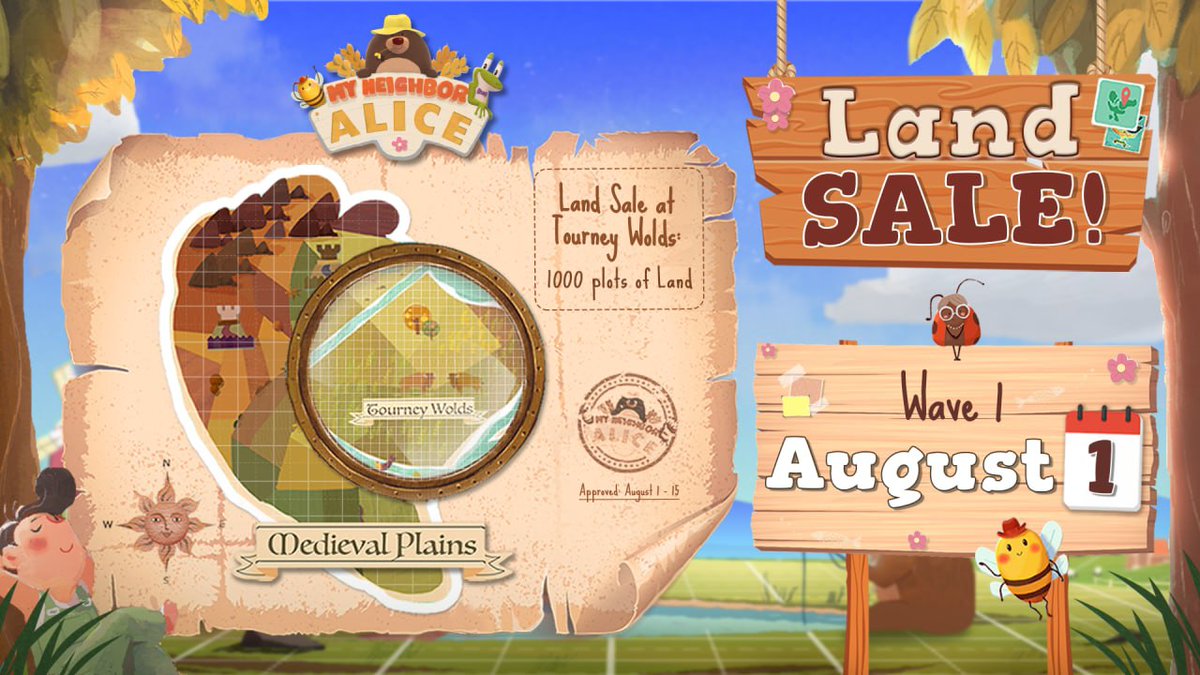 MyNeighborAlice's tweet photo. Hey Neighbors,👩‍🌾

Quick reminder: the first wave of our land sale 🏞 is starting now and will last 24 hours! 👇 
https://t.co/deM6PjB0Kt https://t.co/R3tkbFehte