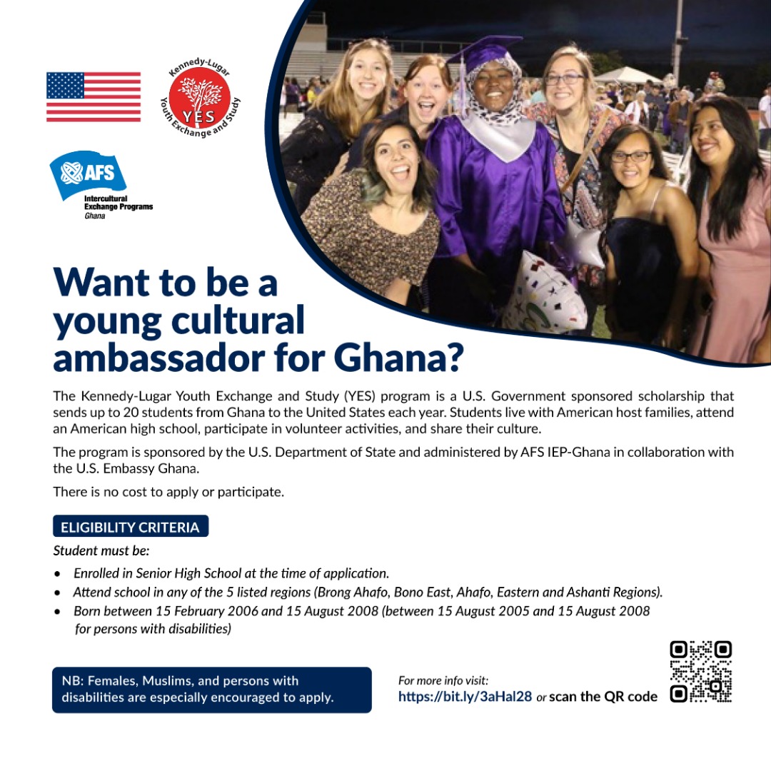 AFSIEPGhana's tweet image. In collaboration with @yesprogramnews @StateDept @ECAatState AFS IEP Ghana is proud to announce recruitment for the YES classic program is now open!
#InterculturalExchange #StudyAbroad #SDGs @USEmbassyGhana