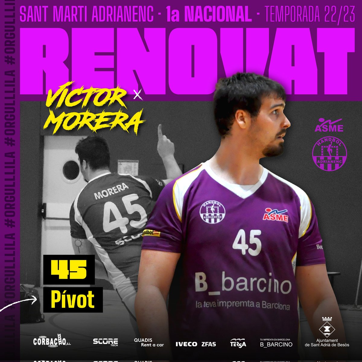 SAdrianenc's tweet photo. RENOVACIÓ | Víctor Morera 🔥
.
📆 Temporada 22/23
🔝 1a Nacional
🖐️ Pívot
👕 Dorsal 45
.
👩🏻‍💻 Disseny #mimigraphicdesigner
.
#OrgullLila
#SOMNIEMENLILA
#ASMEFAVA
#1aNacional💜
#sadrianenc https://t.co/m5bDJAEKkb