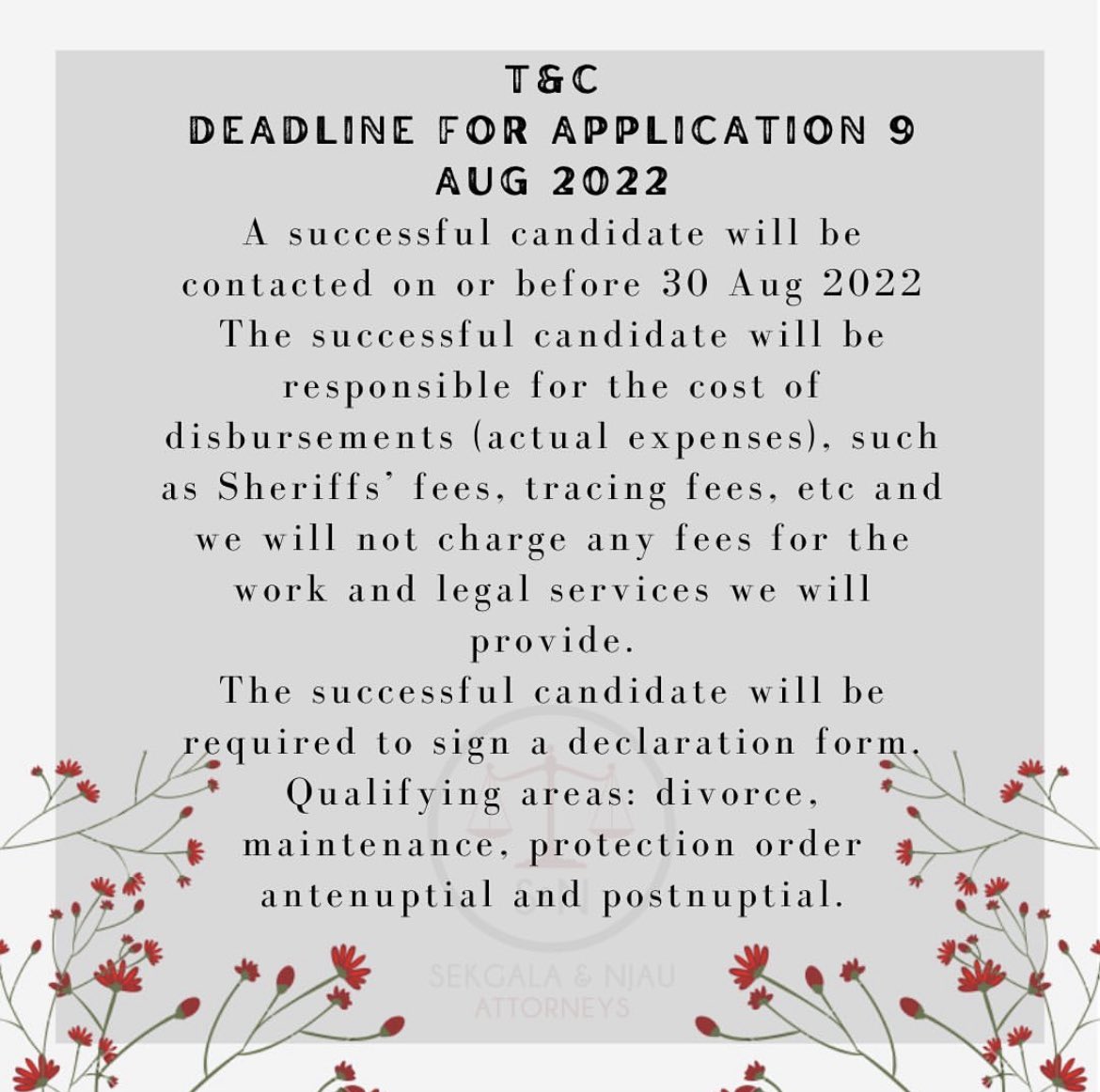 snatlaw's tweet photo. For the month of August 2022, we at Sekgala &amp; Njau Attorneys are offering to take one woman’s case on Pro Bono. To be a candidate for this opportunity, please share your legal challenge by contacting us. See our bio for contact details. Ts&amp;Cs apply. https://t.co/2Uz2mGrp9O