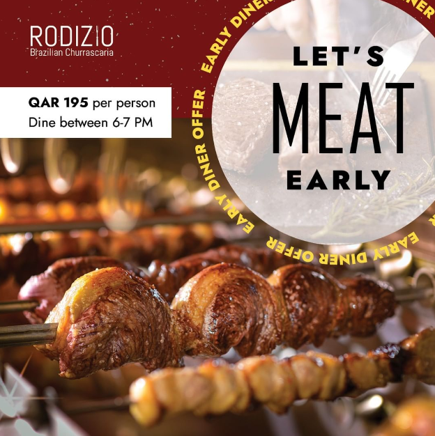 MarhabaQatar's tweet photo. Fancy an early dinner? Come before 7 pm and get a special price to enjoy the Brazilian Churrascaria experience at #RodizioDoha, with unlimited meat cuts served at your table!
For reservations, call 5038 2628, email rodizio.cpdoha@ihg.com or book here: https://t.co/oKIZeVCi49 https://t.co/9VDvmmDexM