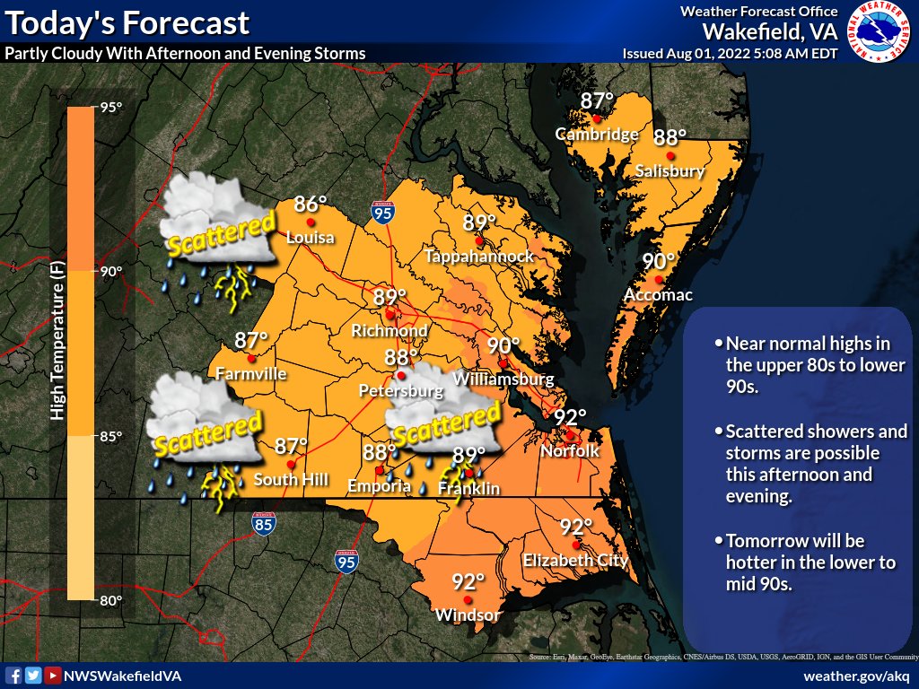 NWSWakefieldVA's tweet photo. Patchy fog in the Piedmont will burn off shortly after sunrise. Mostly cloudy skies early this morning become partly cloudy with scattered afternoon and evening showers and storms possible. Highs today in the upper 80s to lower 90s. #vawx #ncwx #mdwx https://t.co/ZERAGXpBXD