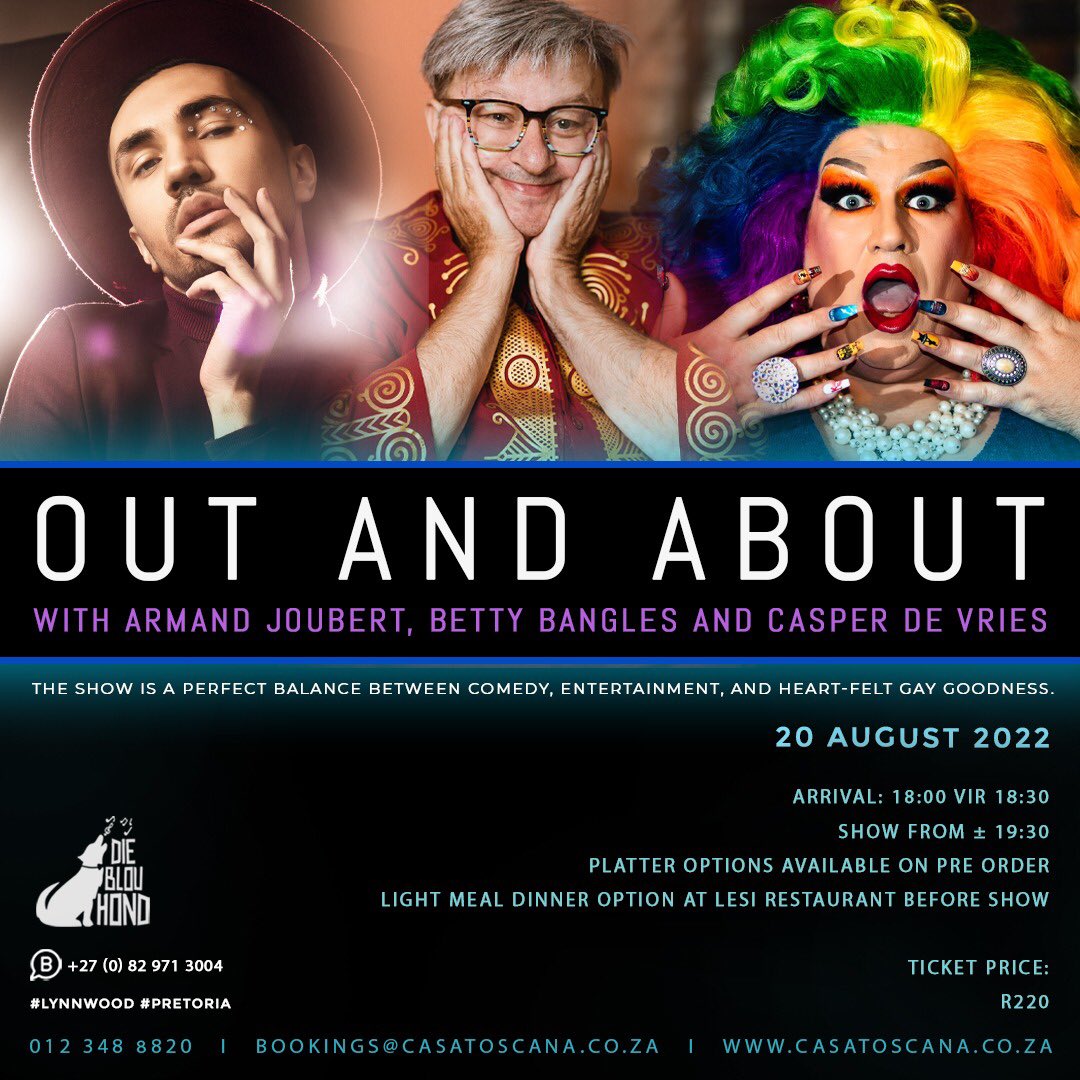 I am so excited to be back at Die Blou Hond theatre but this time with the King of SA Comedy “Casper De Vries” and the Queen of all Queens “Betty Bangles” ❤️

Come watch our show on the 20th of August!
Get your tickets: 
casatoscana.co.za/events-shows/e…