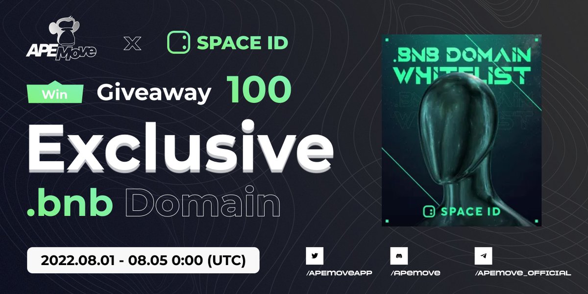 APEmove | #MoveToEarn (@apemoveapp) on Twitter photo APEmove x SPACE ID Free Giveaway!
🎁100 SPACE ID Domain Name WLs
To enter:
❤️Follow <a href="/APEmoveApp/">APEmove | #MoveToEarn</a> & <a href="/SpaceIDProtocol/">SPACE ID</a>
🔄RT & @ 3 friends
✅Complete: launchpad.collectify.app/#/participate?…
Giveaway powered by
<a href="/Collectify_app/">Collectify</a>
#BNB #Giveaway #domains #SpaceID #DID #Web3 #MoveToEarn $APE APEmove x SPACE ID Free Giveaway!
🎁100 SPACE ID Domain Name WLs
To enter:
❤️Follow <a href="/APEmoveApp/">APEmove | #MoveToEarn</a> & <a href="/SpaceIDProtocol/">SPACE ID</a>
🔄RT & @ 3 friends
✅Complete: launchpad.collectify.app/#/participate?…
Giveaway powered by
<a href="/Collectify_app/">Collectify</a>
#BNB #Giveaway #domains #SpaceID #DID #Web3 #MoveToEarn $APE