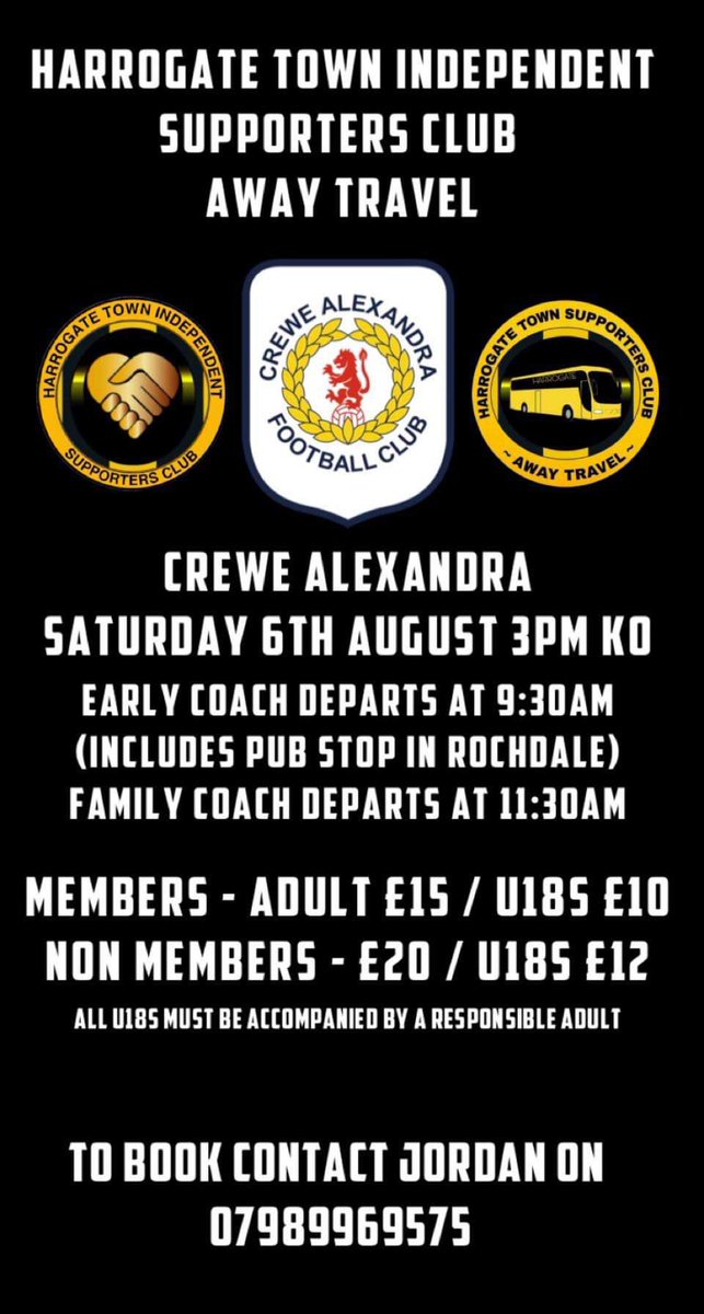 HTAFC Away Travel (@htafcawaytravel) on Twitter photo Come and cheer on the lads as we head to Crewe for our first away match of the season.
Contact Jordan on 07989 969 575 for further information and to secure your seat.
<a href="/HarrogateTown/">Harrogate Town AFC</a> <a href="/HarrogateSport/">Harrogate Advertiser Sport</a> <a href="/HTAFCSupporters/">Harrogate Town Fans</a>
๐ค๐๐ค๐ Come and cheer on the lads as we head to Crewe for our first away match of the season.
Contact Jordan on 07989 969 575 for further information and to secure your seat.
<a href="/HarrogateTown/">Harrogate Town AFC</a> <a href="/HarrogateSport/">Harrogate Advertiser Sport</a> <a href="/HTAFCSupporters/">Harrogate Town Fans</a>
๐ค๐๐ค๐