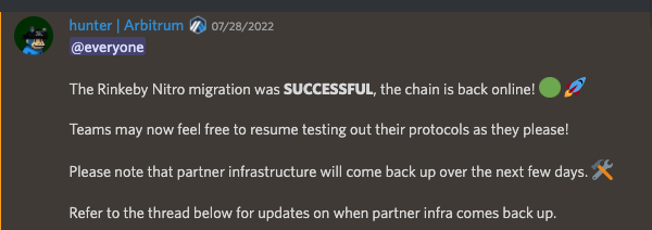 ARBITRUM UPDATE:

 1. Mamy dobrą wiadomość od zespołu:
 <a href="/arbitrum/">Arbitrum</a>  przeszło z NITRO upgrade na sieć testową Rinkeby. 

W takim razie jesteśmy bliżej niż dalej ze wznowieniem misji na #arbitrumodyssey  💪