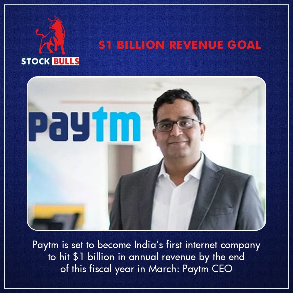 StockBullsin's tweet photo. By the conclusion of this fiscal year in March, Paytm is expected to become the first online company in India to generate $1 billion in sales annually: CEO of Paytm

#stockbull  #paytm #fiscalyear https://t.co/VHX67g16S1