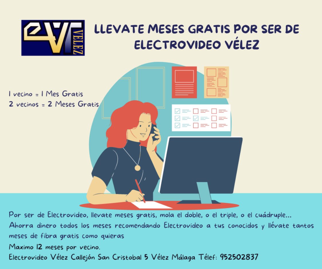 EVTvelez's tweet photo. Llevate Meses gratis por ser de Electrovideo Vélez, mola el doble, o el triple, o el cuádruple…
Ahorra dinero todos los meses recomendando Electrovideo Vélez  a tus conocidos y llévate tantos meses de fibra gratis como quieras cuando tu amigo haya contratado el servicio https://t.co/YiATgEHelX