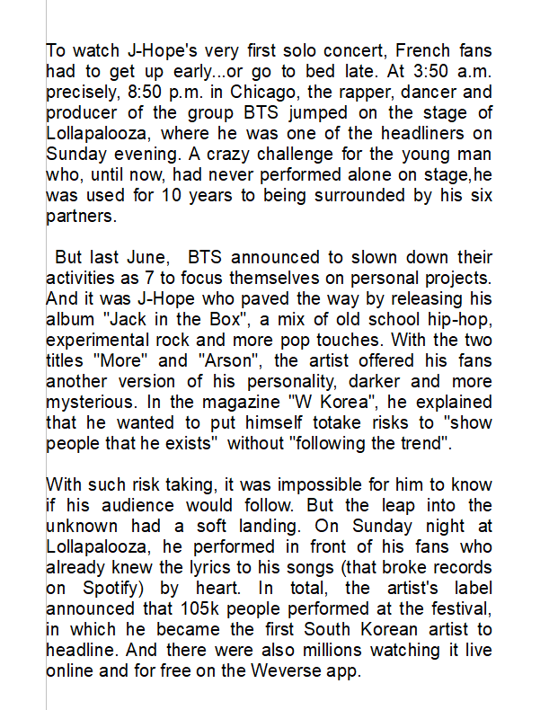 chubbymolala's tweet photo. " AT LOLLAPALOOZA, J-HOPE OF BTS MAKES HISTORY " 

Rough translation of this good french article about Hobipalooza https://t.co/AT9rySXtOo