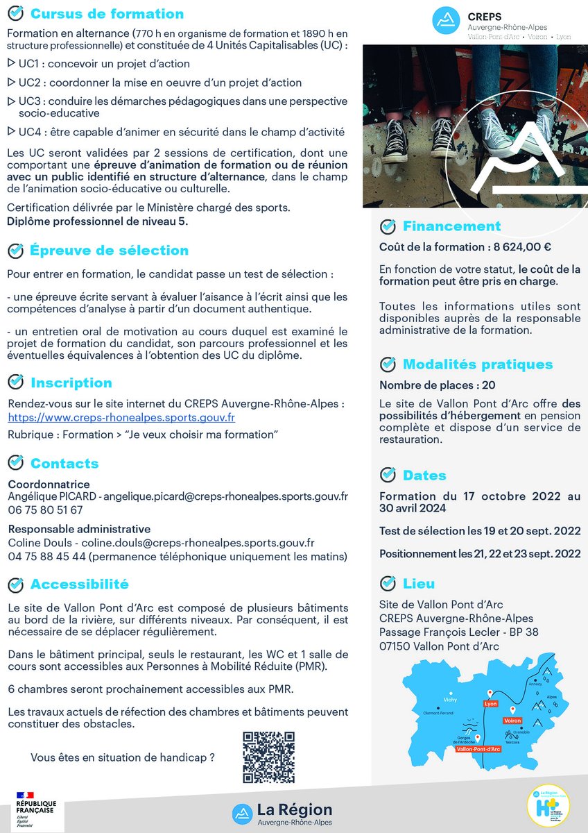 Clôture des inscriptions #formation "DEJEPS Animation Socio-Educative ou Culturelle - Développement Projets Territoires Réseaux" proposée par #crepsrhonealpes Vallon Pont d'Arc > 02/09/2022.
Prise en charge financière possible.
Infos et inscription 👉 urlz.fr/iA8T