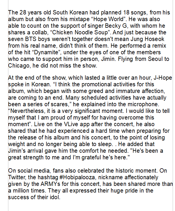 chubbymolala's tweet photo. " AT LOLLAPALOOZA, J-HOPE OF BTS MAKES HISTORY " 

Rough translation of this good french article about Hobipalooza https://t.co/AT9rySXtOo