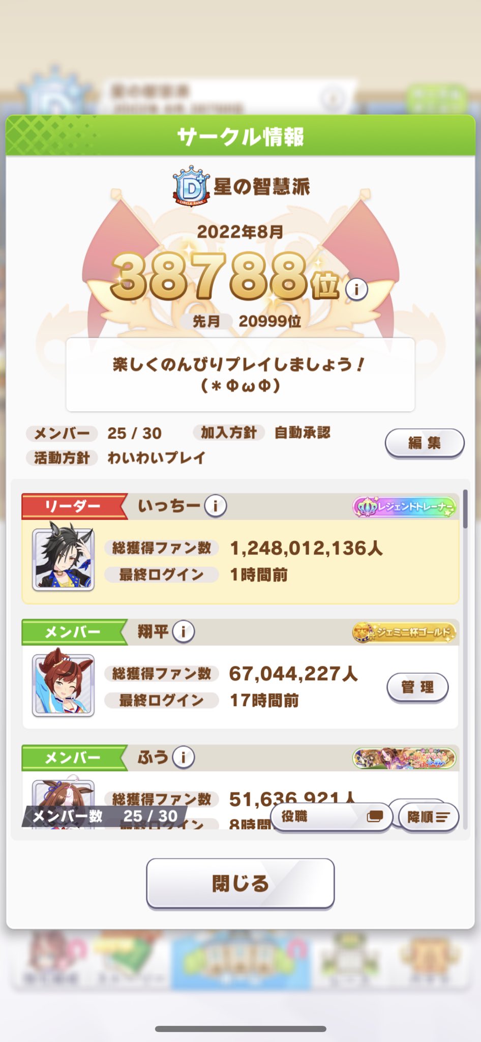 イッチー ウマ娘サークルメンバー募集 ５名募集させて頂きますm M ノルマ無し 靴交換はご自由に のんびりまったりやってます 長期未ログイン 30日以上 の方は脱退させて頂くこともあります 自動承認ですので お気軽に ウマ娘