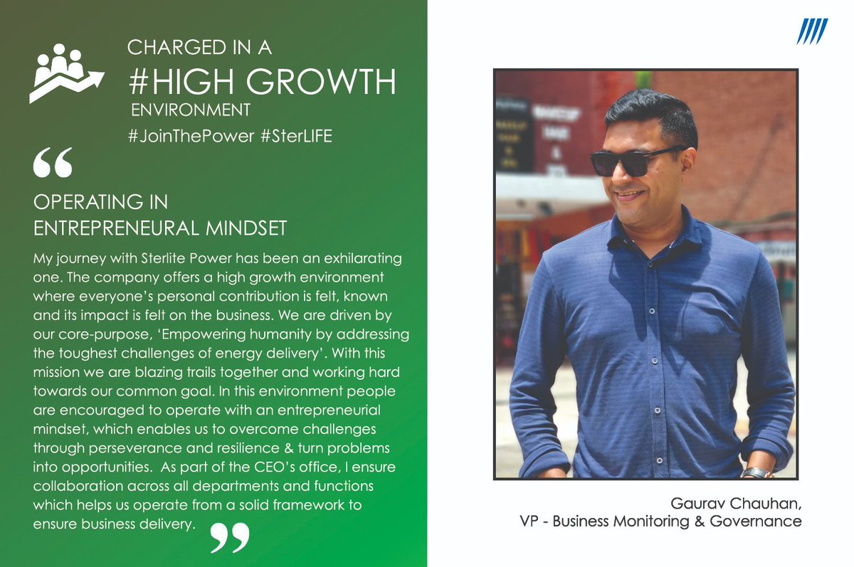 SterlitElectric's tweet photo. Meet Gaurav Chauhan, as he talks about how his journey with this organization has been an exhilarating one.
@pagarwal1982 @ManishA31706485
 
#JoinThePower #SterLIFE #EVP #workfam #worklifeintegration https://t.co/yKSP6ec3gp